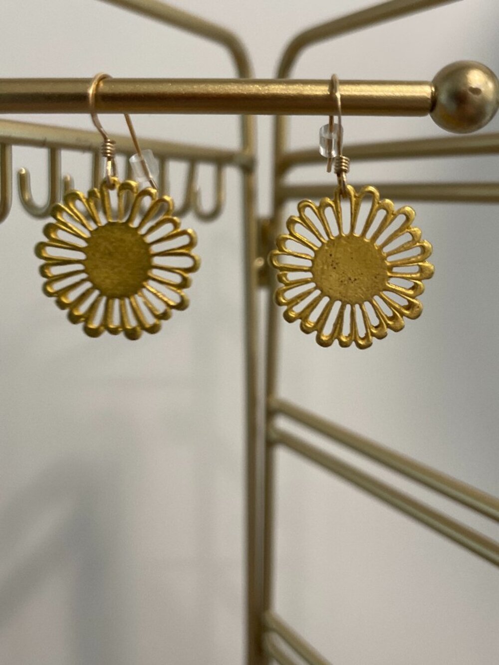Gold Sunflower Dangle Earrings 14Kt gold Filled French Hook Statement Drop - Picture 2 of 8